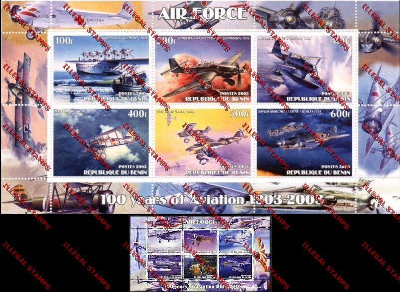 Benin 2003 Air Force 100 Years of Aviation Illegal Stamp Sheetlets of Six