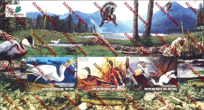 Benin 2003 Birds Nature Conservancy Illegal Stamp Souvenir Sheet with Three Stamps