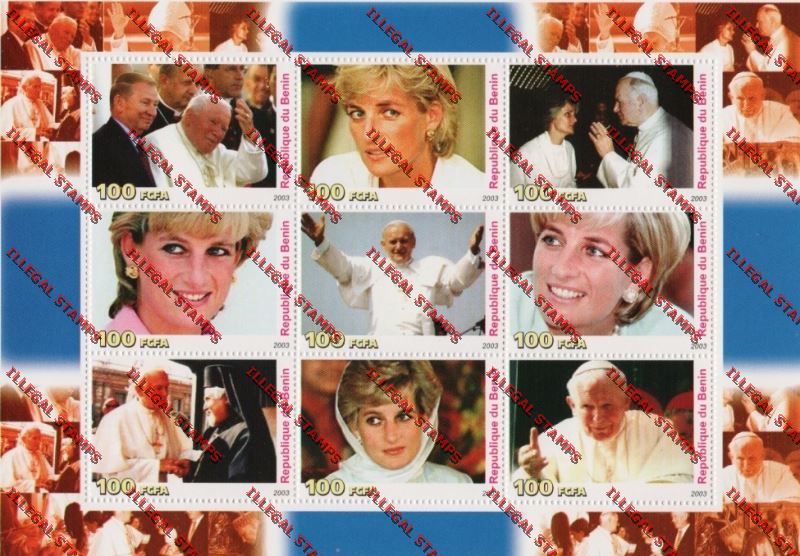 Benin 2003 Princess Diana and Pope John Paul II Illegal Stamp Sheetlet of Nine
