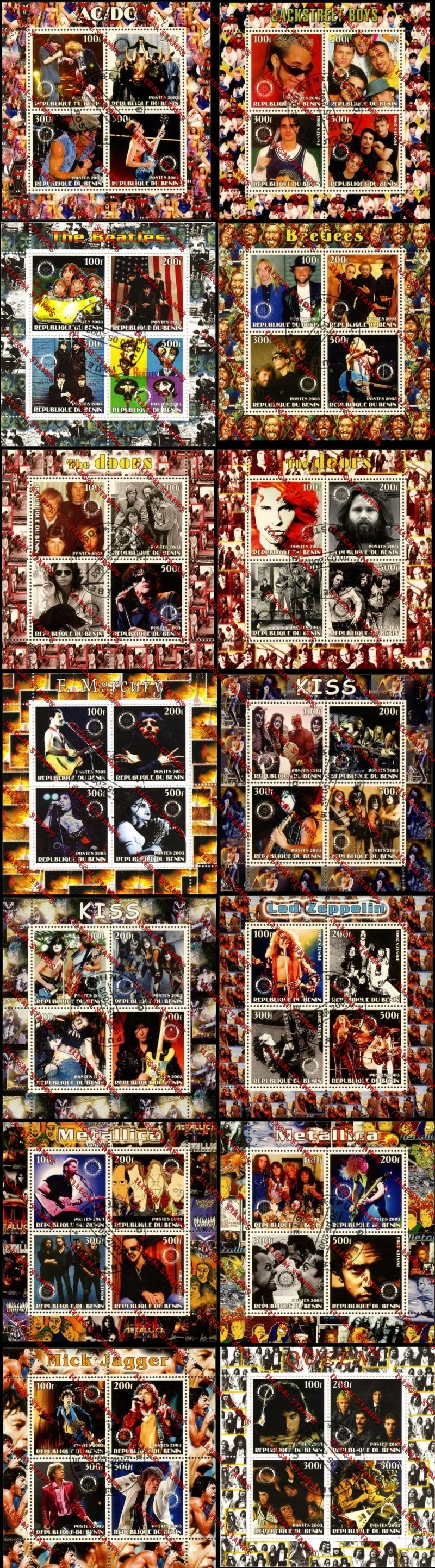 Benin 2003 Rock Musicians and Groups Illegal Stamp Sheetlets of Four