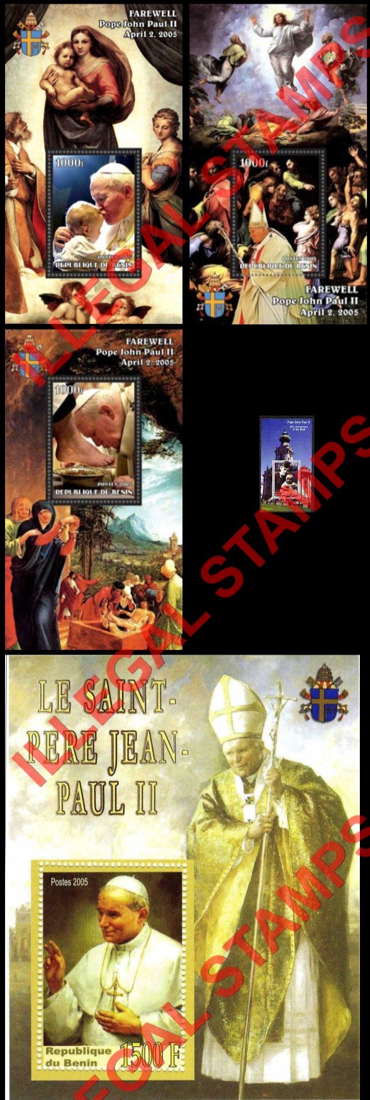 Benin 2005 Pope John Paul II Illegal Stamp Souvenir Sheets of 1 (Vertical)