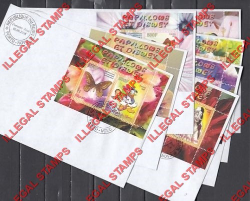Benin 2008 Butterflies and Disney Illegal Stamp Souvenir Sheets on Fake First Day Covers