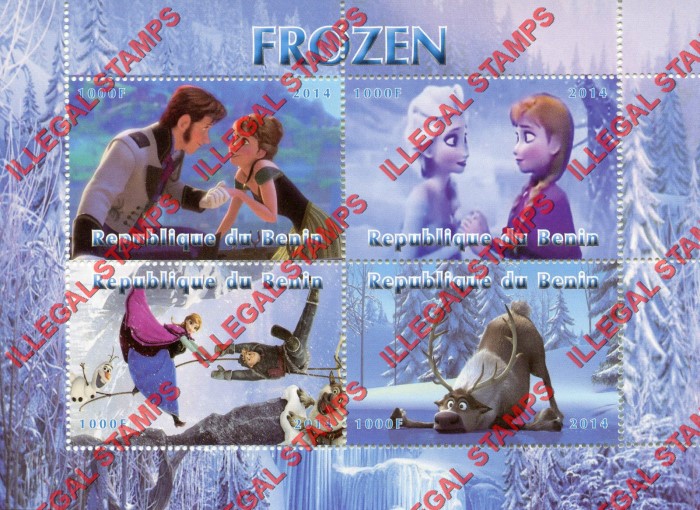Benin 2014 Frozen Illegal Stamp Souvenir Sheet of 4