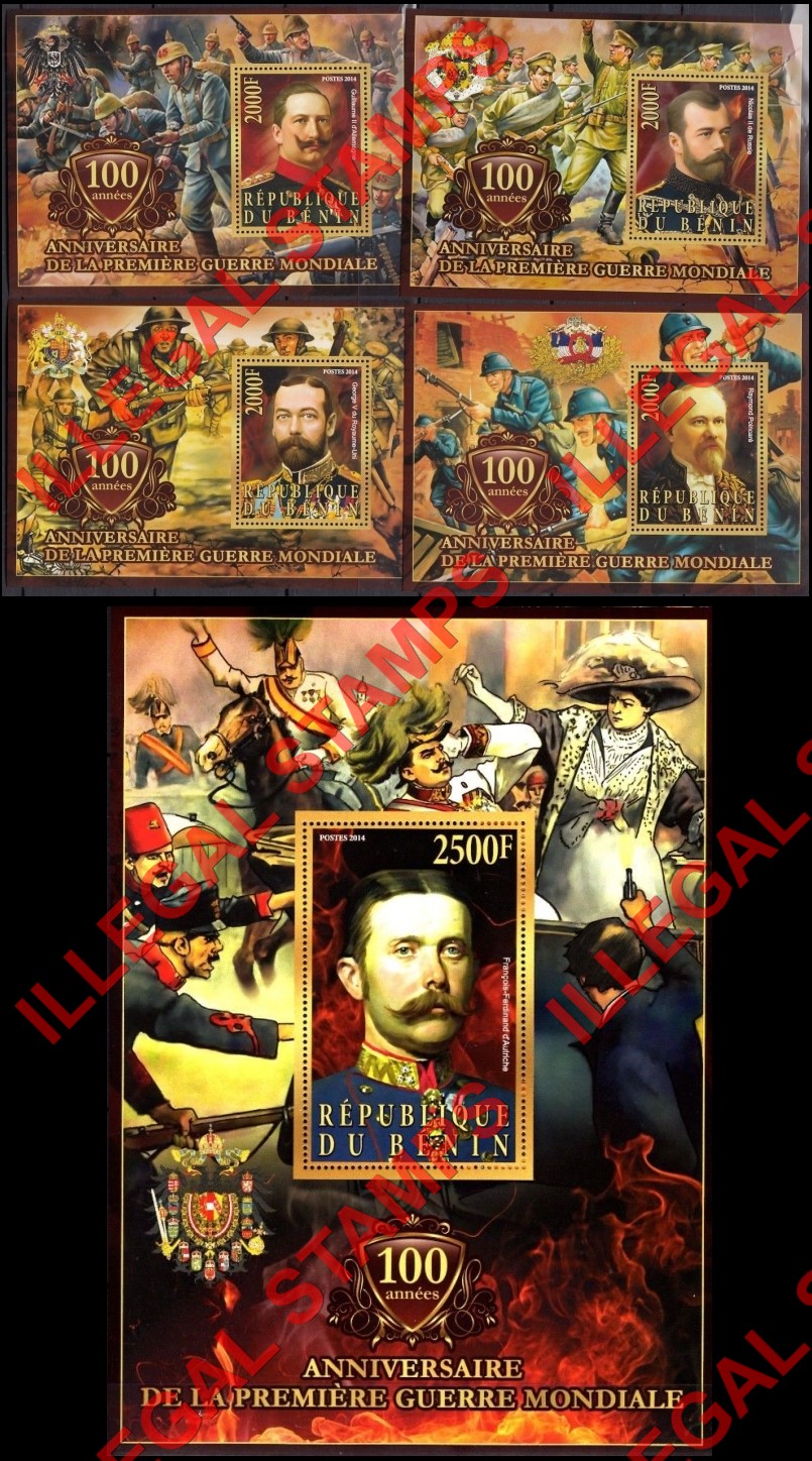 Benin 2014 World War I Anniversary Illegal Stamp Souvenir Sheets of 1