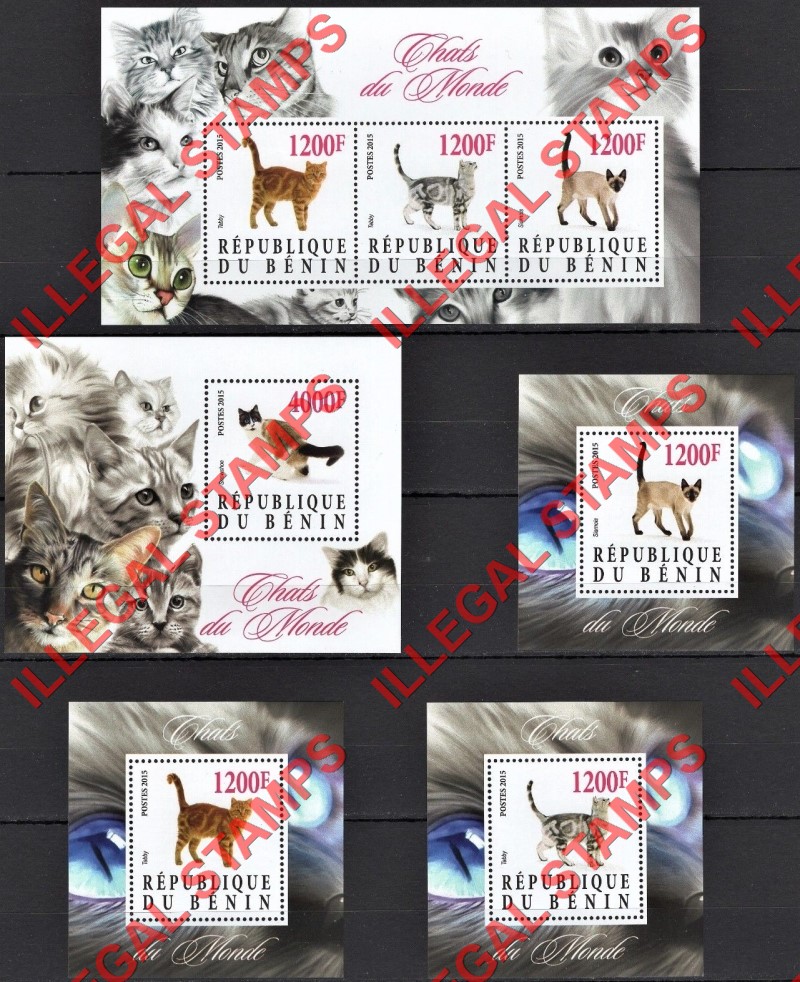 Benin 2015 Cats Illegal Stamp Souvenir Sheets of 3 and 1