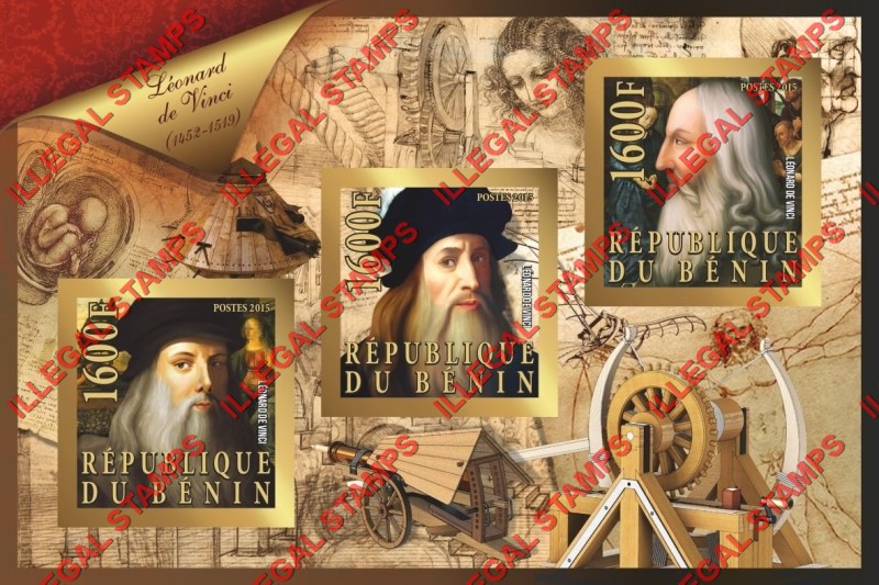 Benin 2015 Leaders Leonard de Vinci Illegal Stamp Souvenir Sheet of 3