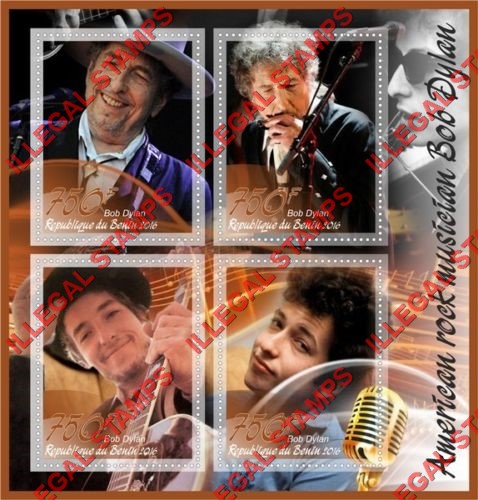Benin 2016 Bob Dylan Illegal Stamp Souvenir Sheet of 4