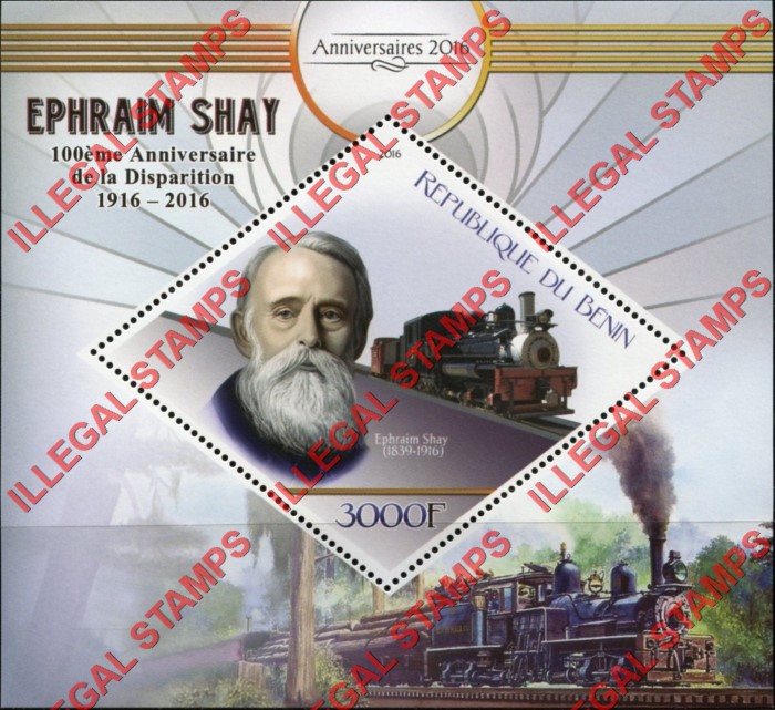 Benin 2016 Ephraim Shay Trains Illegal Stamp Souvenir Sheet of 1