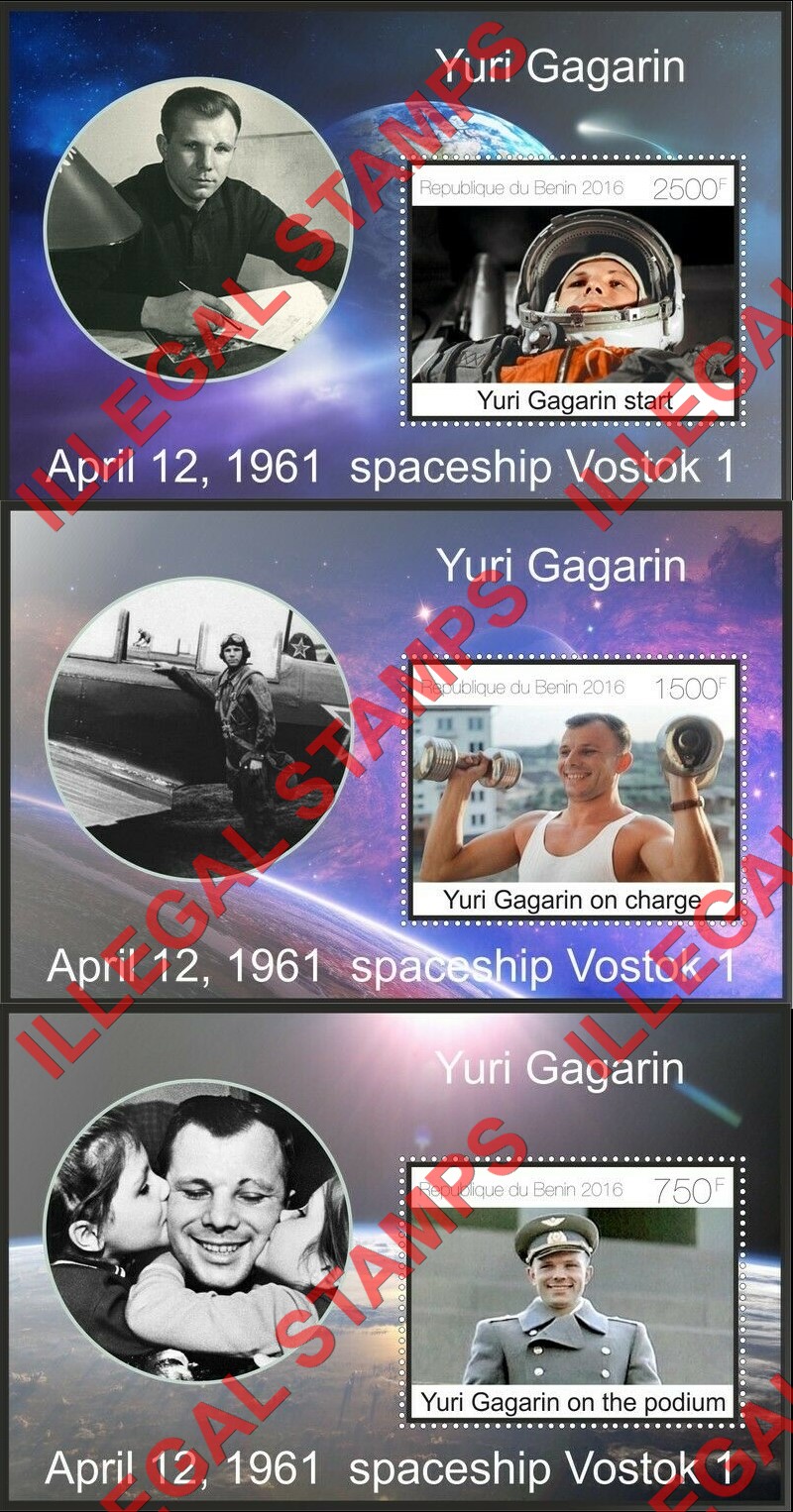 Benin 2016 Yuri Gagarin Illegal Stamp Souvenir Sheets of 1 (Part 1)