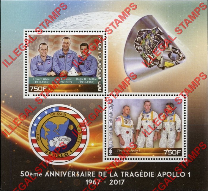 Benin 2017 Apollo 1 Tragedy Illegal Stamp Souvenir Sheet of 2 Benin 2017 Apollo 1 Tragedy Illegal Stamp Souvenir Sheet of 2