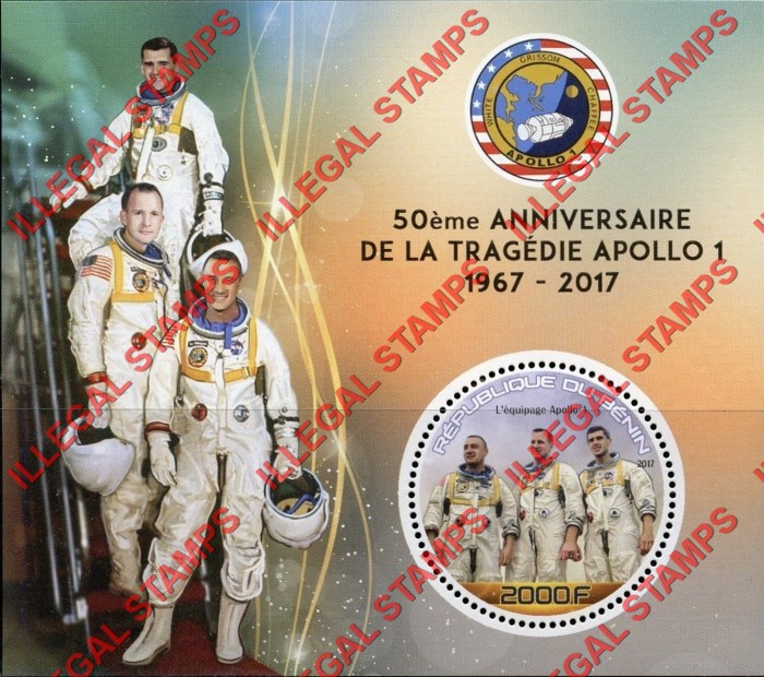 Benin 2017 Apollo 1 Tragedy Illegal Stamp Souvenir Sheet of 1 Benin 2017 Apollo 1 Tragedy Illegal Stamp Souvenir Sheet of 1