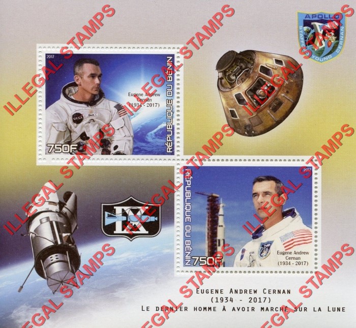 Benin 2017 Apollo 9 Last Man Eugene Cernan Illegal Stamp Souvenir Sheet of 2 Benin 2017 Apollo 9 Last Man Eugene Cernan Illegal Stamp Souvenir Sheet of 2