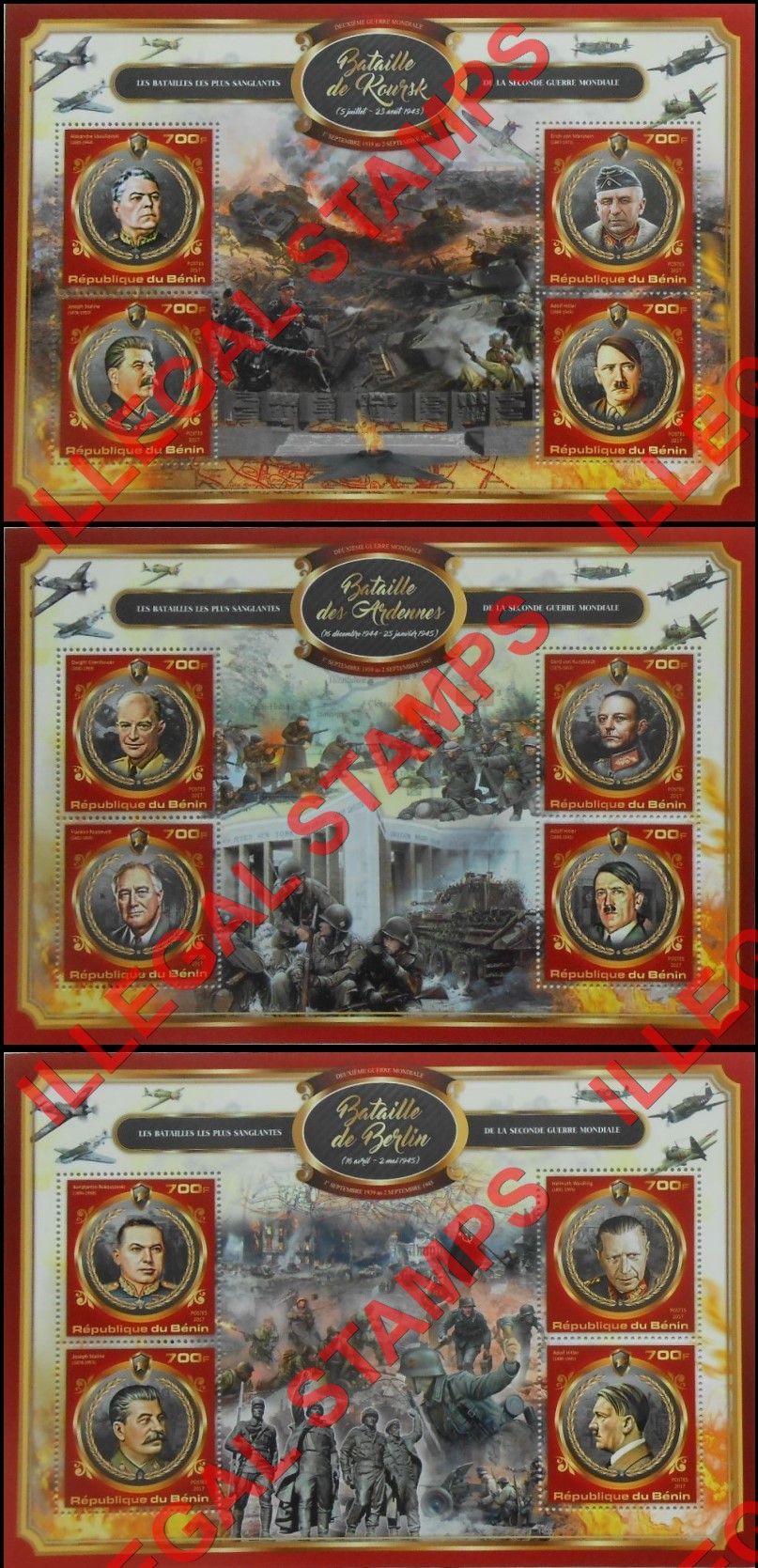 Benin 2017 Battles of World War II Illegal Stamp Souvenir Sheets of 4 (Part 1) Benin 2017 Battles World War II Illegal Stamp Souvenir Sheets of 4 (Part 1)