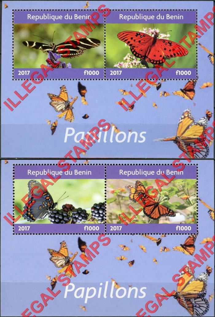Benin 2017 Butterflies Illegal Stamp Souvenir Sheets of 2 (different) Benin 2017 Butterflies Illegal Stamp Souvenir Sheets of 2 (different)