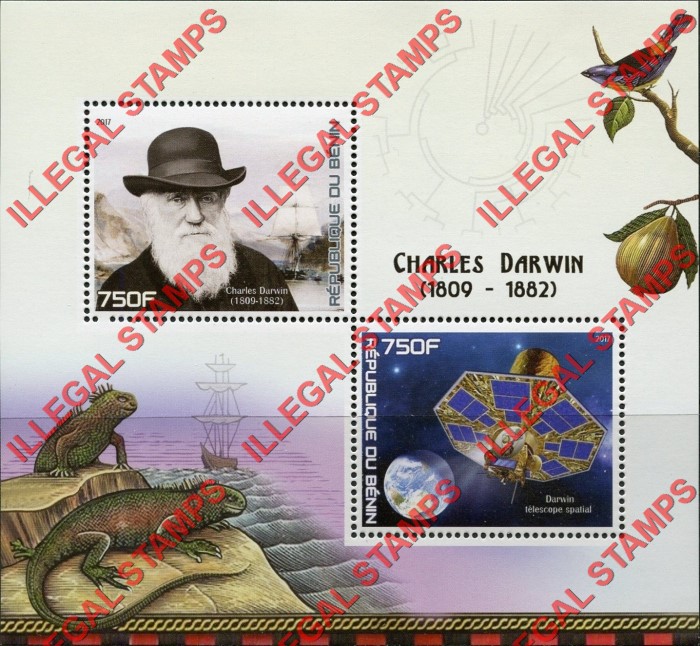 Benin 2017 Charles Darwin Illegal Stamp Souvenir Sheet of 2 Benin 2017 Charles Darwin Illegal Stamp Souvenir Sheet of 2