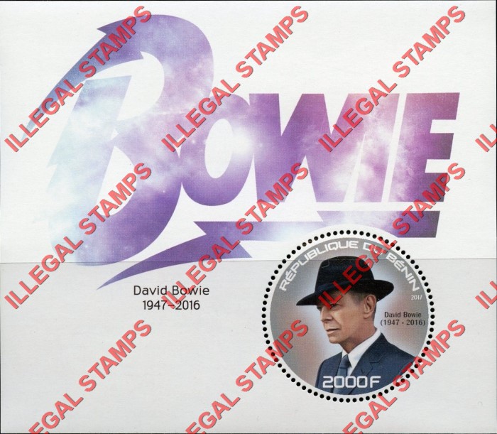 Benin 2017 David Bowie Illegal Stamp Souvenir Sheet of 1 Benin 2017 David Bowie Illegal Stamp Souvenir Sheet of 1