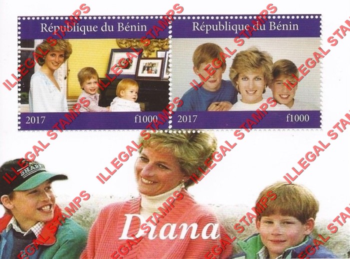 Benin 2017 Princess Diana Illegal Stamp Souvenir Sheet of 2 Benin 2017 Princess Diana Illegal Stamp Souvenir Sheet of 2