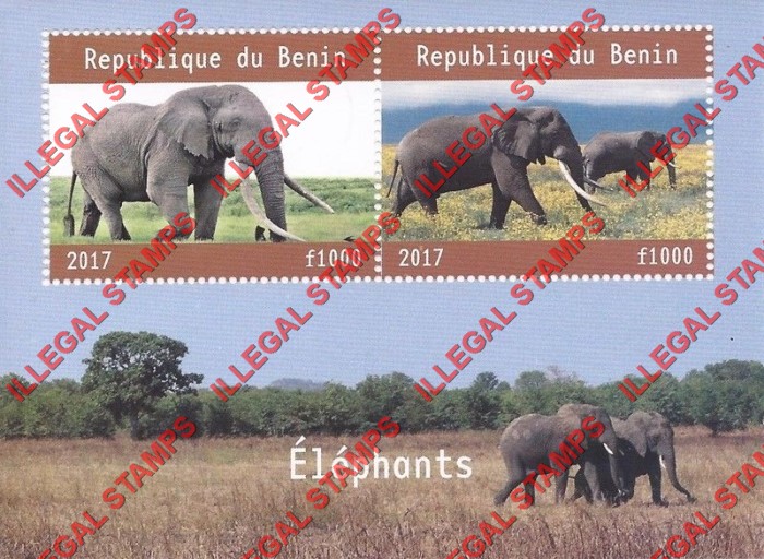 Benin 2017 Elephants Illegal Stamp Souvenir Sheet of 2 Benin 2017 Elephants Illegal Stamp Souvenir Sheet of 2