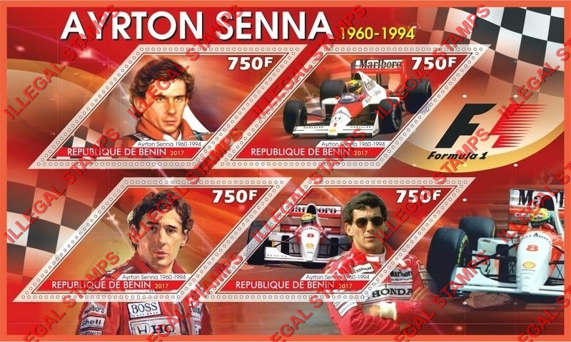 Benin 2017 Formula I Ayrton Senna Illegal Stamp Souvenir Sheet of 4 Benin 2017 Formula I Ayrton Senna Illegal Stamp Souvenir Sheet of 4