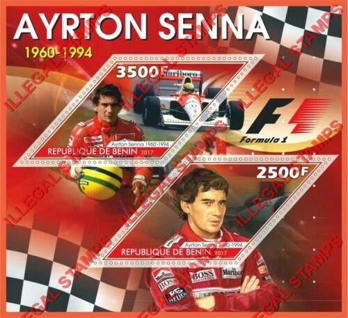 Benin 2017 Formula I Ayrton Senna Illegal Stamp Souvenir Sheet of 2 Benin 2017 Formula I Ayrton Senna Illegal Stamp Souvenir Sheet of 2