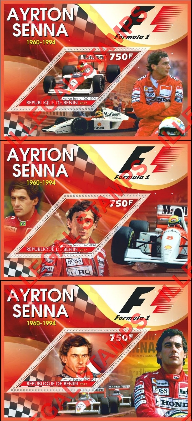Benin 2017 Formula I Ayrton Senna Illegal Stamp Souvenir Sheets of 1 (Part 2) Benin 2017 Formula I Ayrton Senna Illegal Stamp Souvenir Sheets of 1 (Part 2)