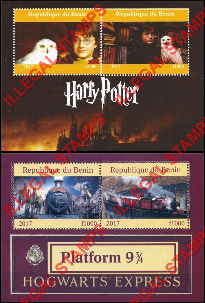 Benin 2017 Harry Potter Illegal Stamp Souvenir Sheets of 2 Benin 2017 Harry Potter Illegal Stamp Souvenir Sheets of 2
