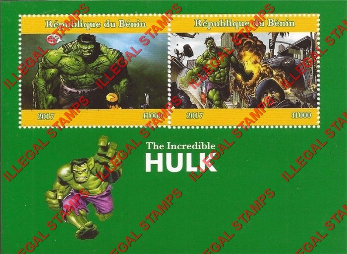 Benin 2017 The Incredible Hulk Illegal Stamp Souvenir Sheet of 2 Benin 2017 The Incredible Hulk Illegal Stamp Souvenir Sheet of 2