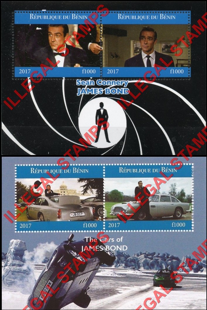 Benin 2017 James Bond Illegal Stamp Souvenir Sheets of 2 Benin 2017 James Bond Illegal Stamp Souvenir Sheets of 2