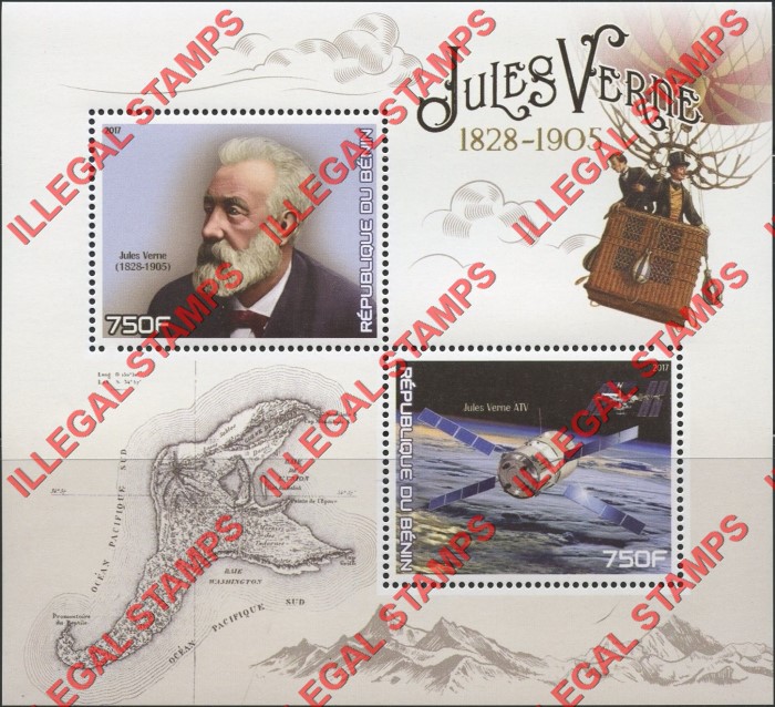 Benin 2017 Jules Verne Illegal Stamp Souvenir Sheet of 2 Benin 2017 Jules Verne Illegal Stamp Souvenir Sheet of 2