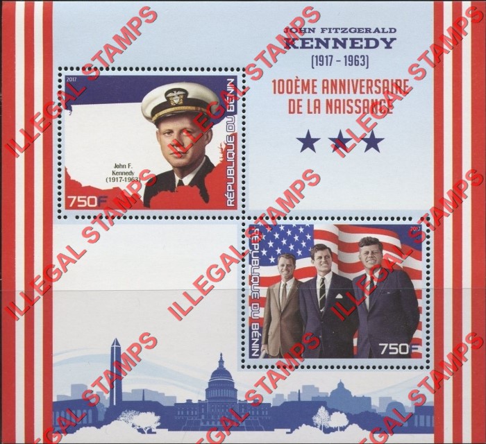 Benin 2017 John F. Kennedy Illegal Stamp Souvenir Sheet of 2 Benin 2017 John F. Kennedy Illegal Stamp Souvenir Sheet of 2