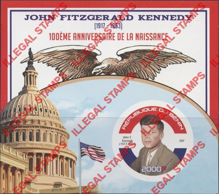 Benin 2017 John F. Kennedy Illegal Stamp Souvenir Sheet of 1 Benin 2017 John F. Kennedy Illegal Stamp Souvenir Sheet of 1