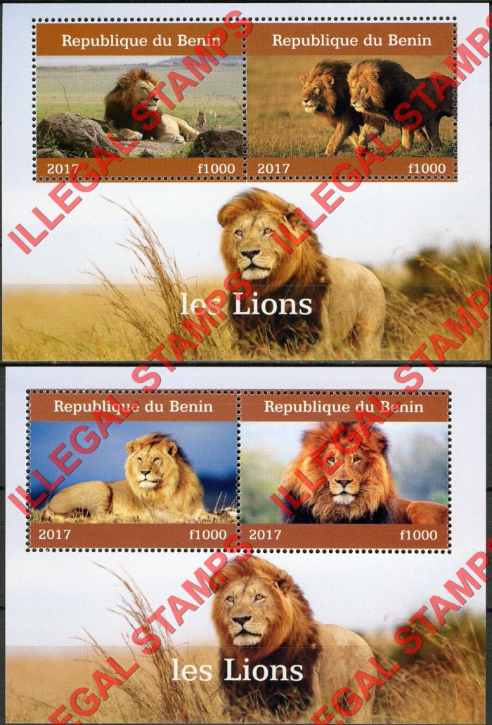 Benin 2017 Lions Illegal Stamp Souvenir Sheets of 2 Benin 2017 Lions Illegal Stamp Souvenir Sheets of 2