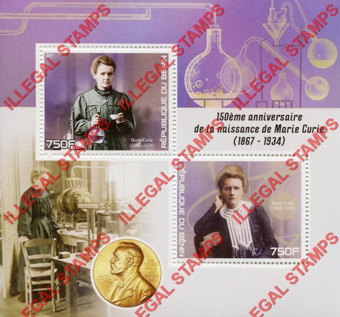 Benin 2017 Marie Curie Illegal Stamp Souvenir Sheet of 2 Benin 2017 Marie Curie Illegal Stamp Souvenir Sheet of 2