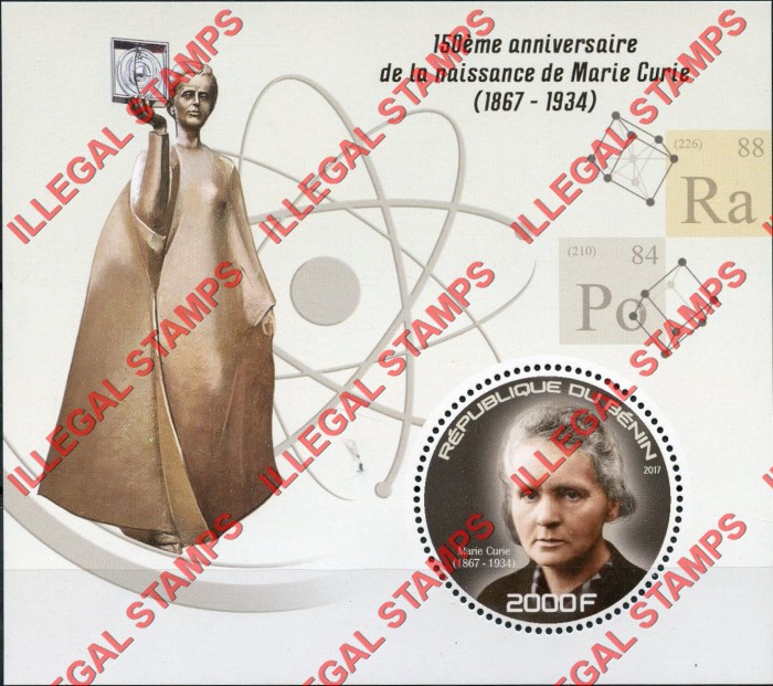 Benin 2017 Marie Curie Illegal Stamp Souvenir Sheet of 1 Benin 2017 Marie Curie Illegal Stamp Souvenir Sheet of 1