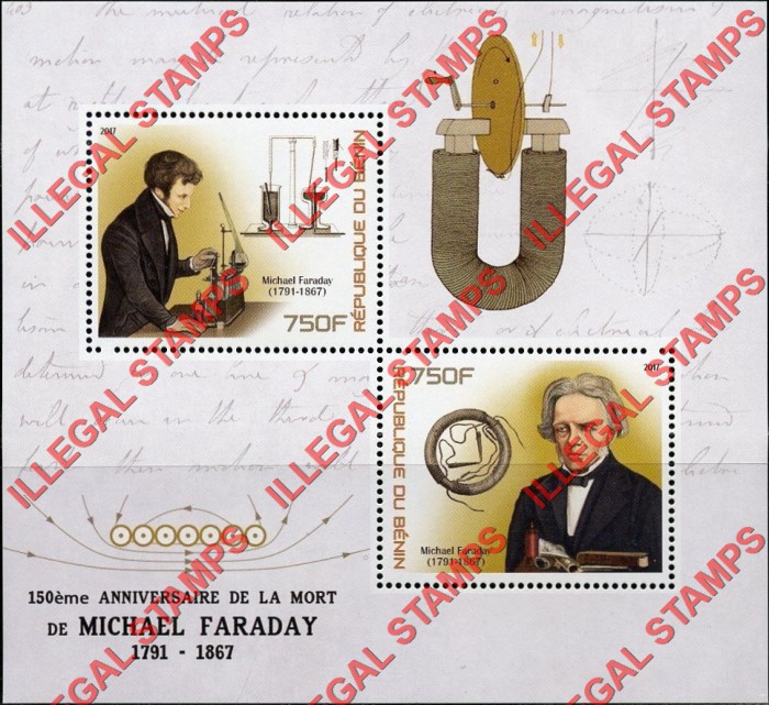 Benin 2017 Michael Faraday Illegal Stamp Souvenir Sheet of 2 Benin 2017 Michael Faraday Illegal Stamp Souvenir Sheet of 2