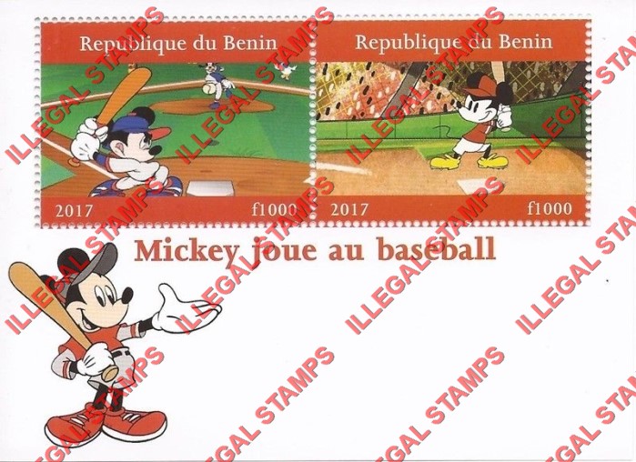 Benin 2017 Mickey Mouse Baseball Illegal Stamp Souvenir Sheet of 2 Benin 2017 Mickey Mouse Baseball Illegal Stamp Souvenir Sheet of 2