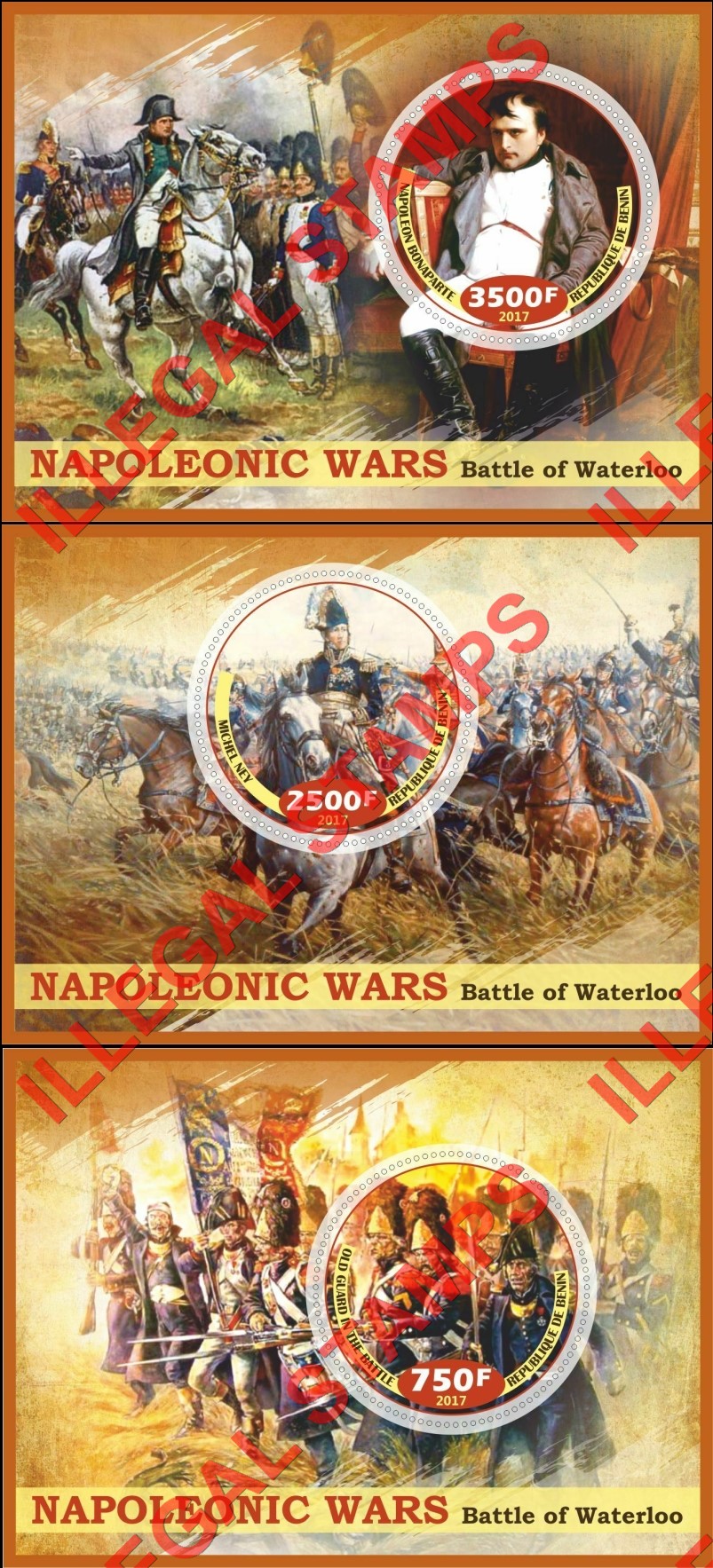 Benin 2017 Napoleonic Wars Battle of Waterloo Illegal Stamp Souvenir Sheets of 1 (Part 1) Benin 2017 Napoleonic Wars Battle of Waterloo Illegal Stamp Souvenir Sheets of 1 (Part 1)