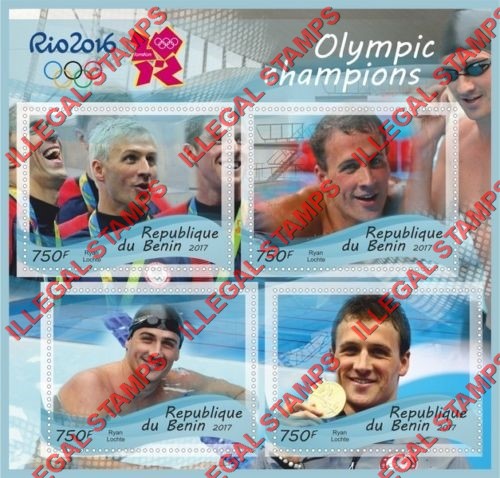 Benin 2017 Olympic Champions Rio Swimming Ryan Lochte Illegal Stamp Souvenir Sheet of 4 Benin 2017 Olympic Champions Rio Swimming Ryan Lochte Illegal Stamp Souvenir Sheet of 4