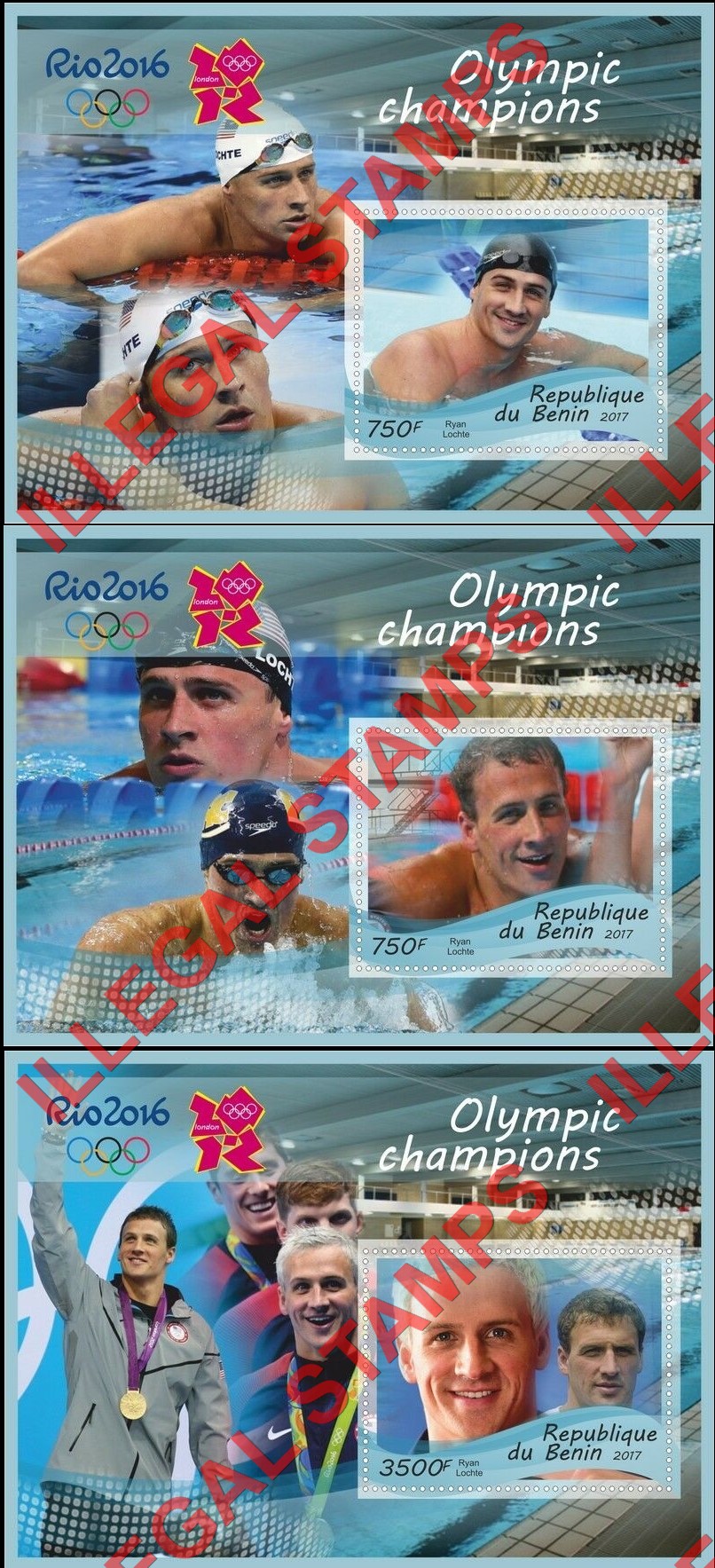 Benin 2017 Olympic Champions Rio Swimming Ryan Lochte Illegal Stamp Souvenir Sheets of 1 (Part 1) Benin 2017 Olympic Champions Rio Swimming Ryan Lochte Illegal Stamp Souvenir Sheets of 1 (Part 1)