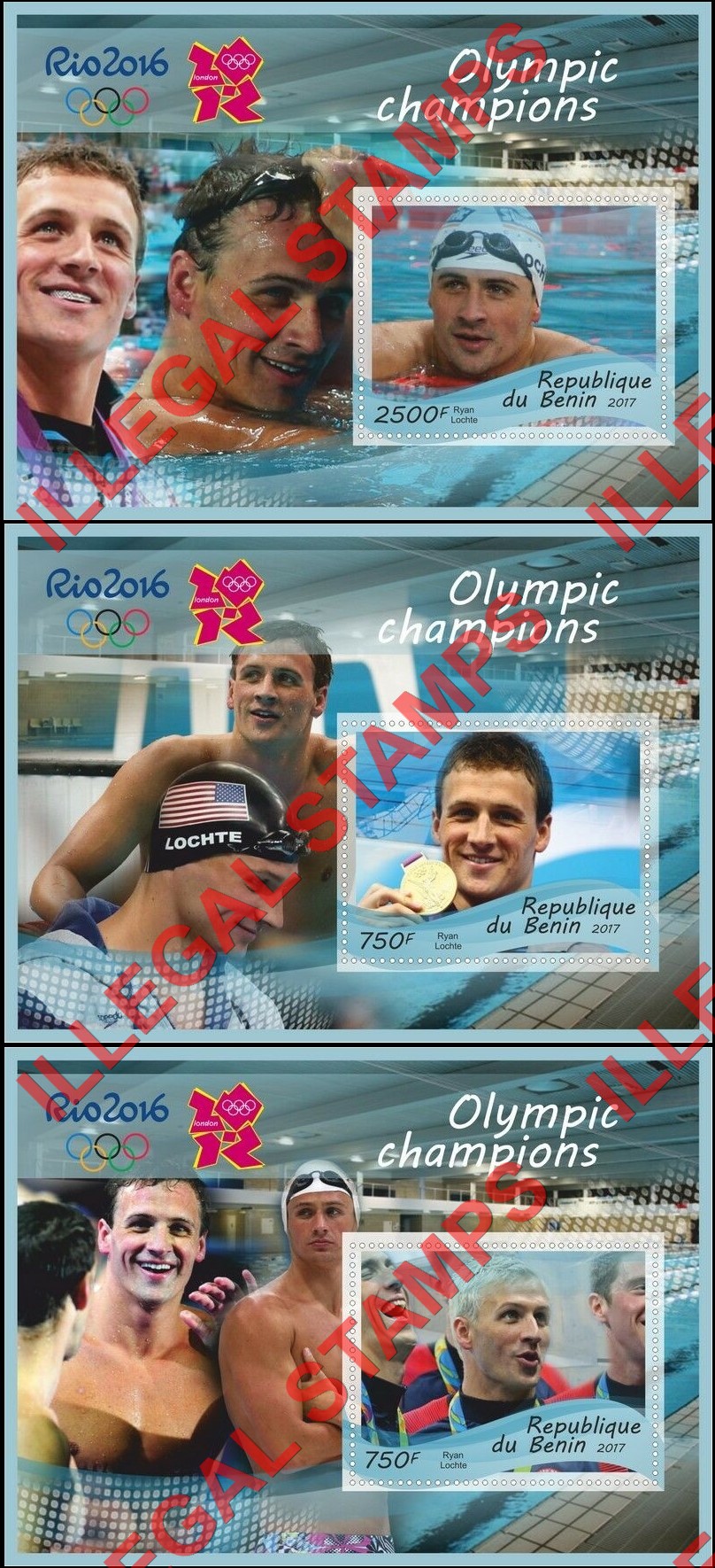 Benin 2017 Olympic Champions Rio Swimming Ryan Lochte Illegal Stamp Souvenir Sheets of 1 (Part 2) Benin 2017 Olympic Champions Rio Swimming Ryan Lochte Illegal Stamp Souvenir Sheets of 1 (Part 2)