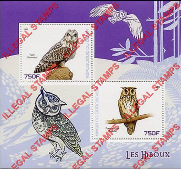 Benin 2017 Owls Illegal Stamp Souvenir Sheet of 2 Benin 2017 Owls Illegal Stamp Souvenir Sheet of 2