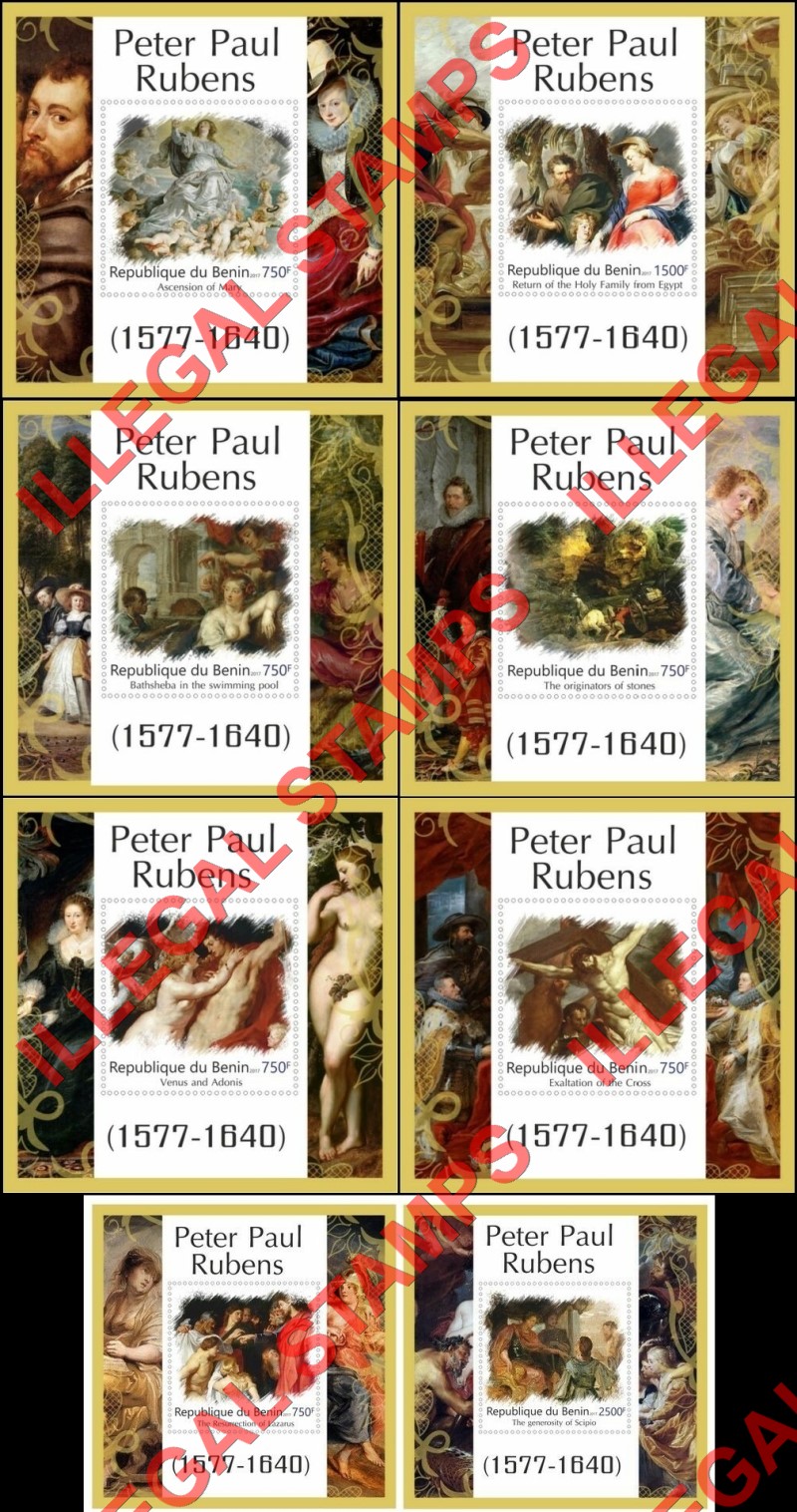 Benin 2017 Paintings Peter Paul Rubens Illegal Stamp Souvenir Sheets of 1 Benin 2017 Paintings Peter Paul Rubens Illegal Stamp Souvenir Sheets of 1