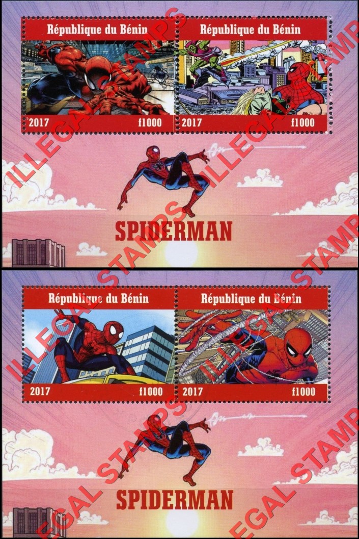 Benin 2017 Spiderman Illegal Stamp Souvenir Sheets of 2 Benin 2017 Spiderman Illegal Stamp Souvenir Sheets of 2