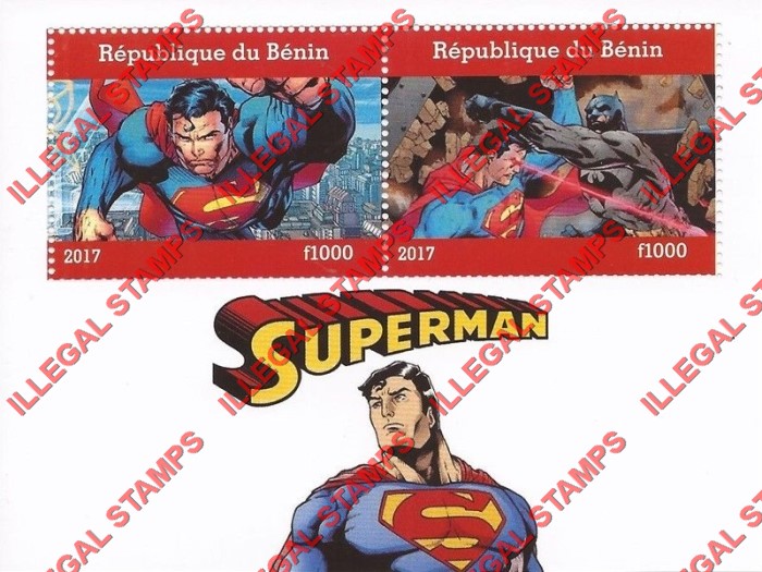 Benin 2017 Superman Illegal Stamp Souvenir Sheet of 2 Benin 2017 Superman Illegal Stamp Souvenir Sheet of 2