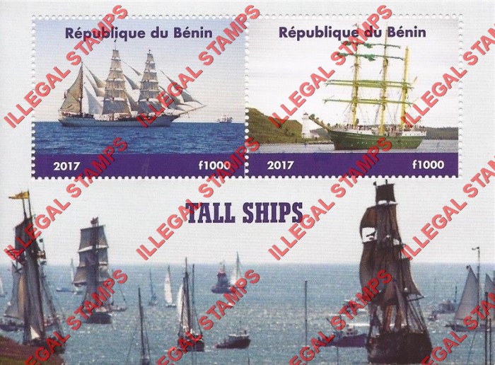 Benin 2017 Tall Ships Illegal Stamp Souvenir Sheet of 2 Benin 2017 Tall Ships Illegal Stamp Souvenir Sheet of 2