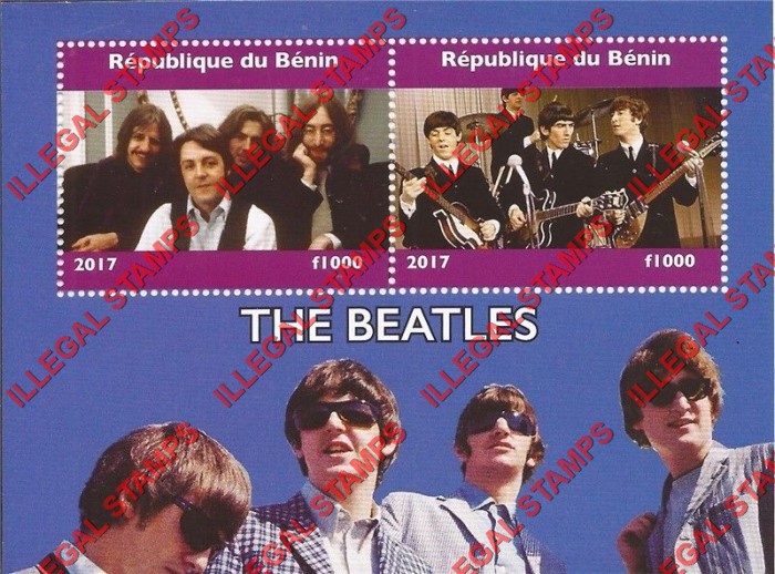 Benin 2017 The Beatles Illegal Stamp Souvenir Sheet of 2 Benin 2017 The Beatles Illegal Stamp Souvenir Sheet of 2