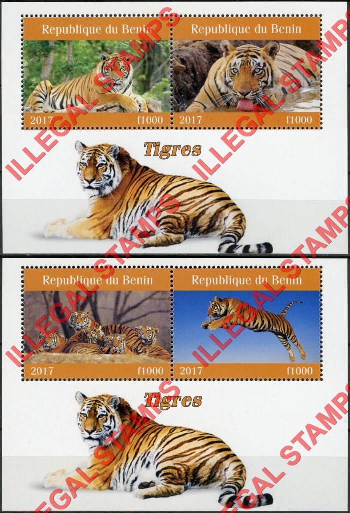 Benin 2017 Tigers Illegal Stamp Souvenir Sheets of 2 Benin 2017 Tigers Illegal Stamp Souvenir Sheets of 2