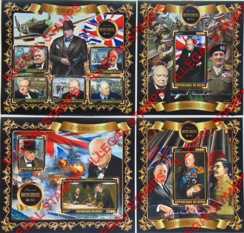 Benin 2018 Celebrities Winston Churchill Illegal Stamp Souvenir Sheets of 5, 2, and 1