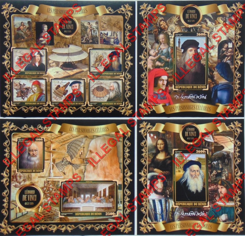 Benin 2018 Celebrities Leonard de Vinci Illegal Stamp Souvenir Sheets of 5, 2, and 1