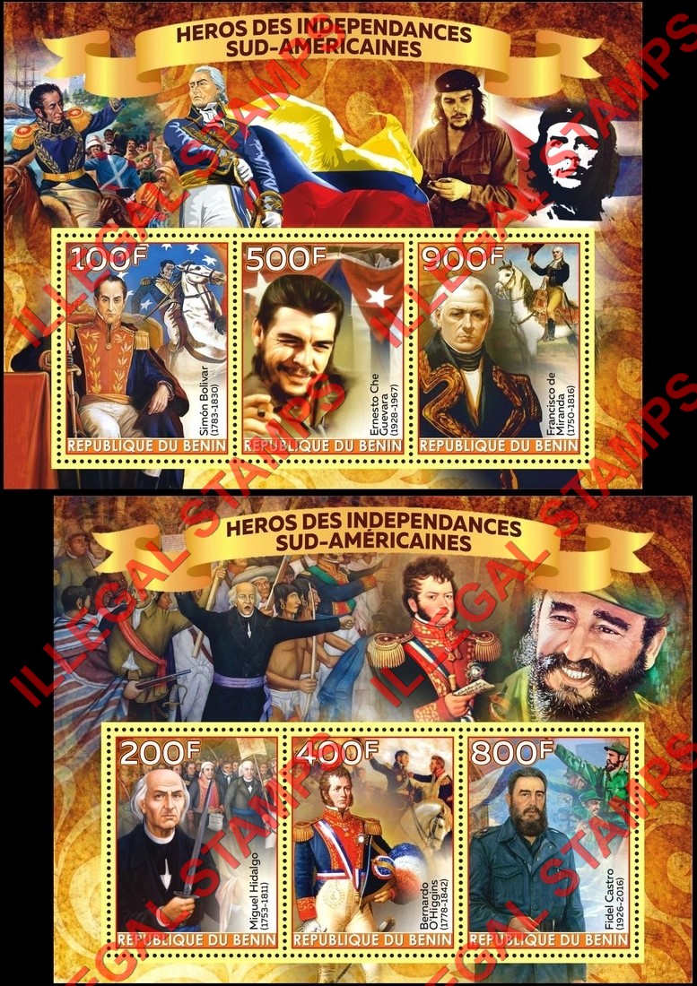 Benin 2018 Heroes of Independence in South America Illegal Stamp Souvenir Sheets of 3